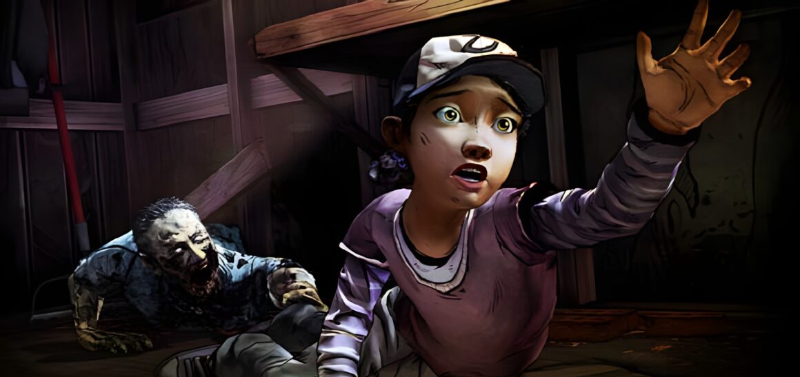 Clementine being chased by a zombie in The Walking Dead by Telltale Games.