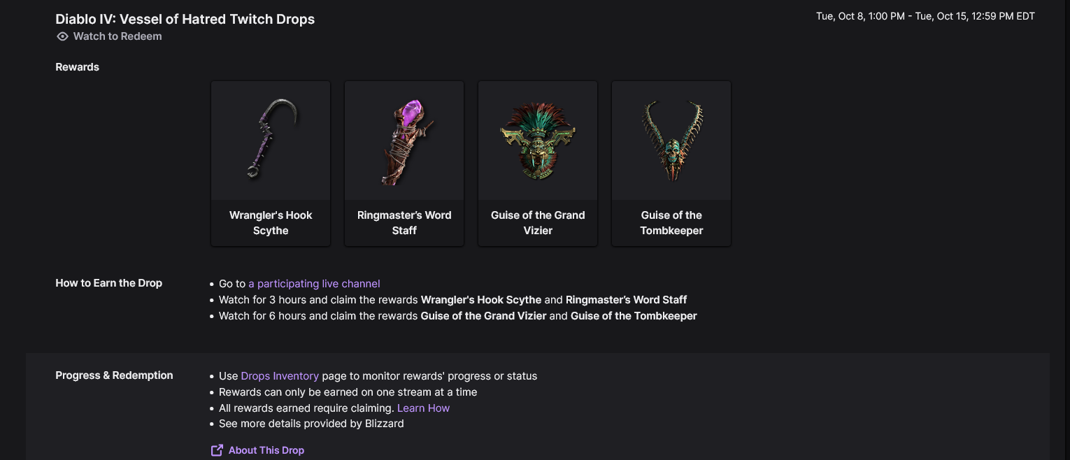 Diablo IV Twitch Drop for free digital items.