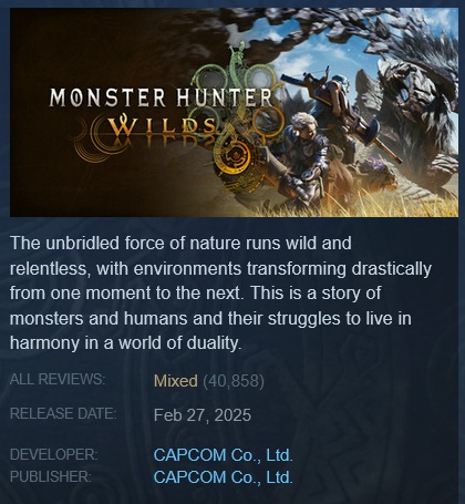 Monster Hunter Wilds has mixed reviews on Steam at launch.