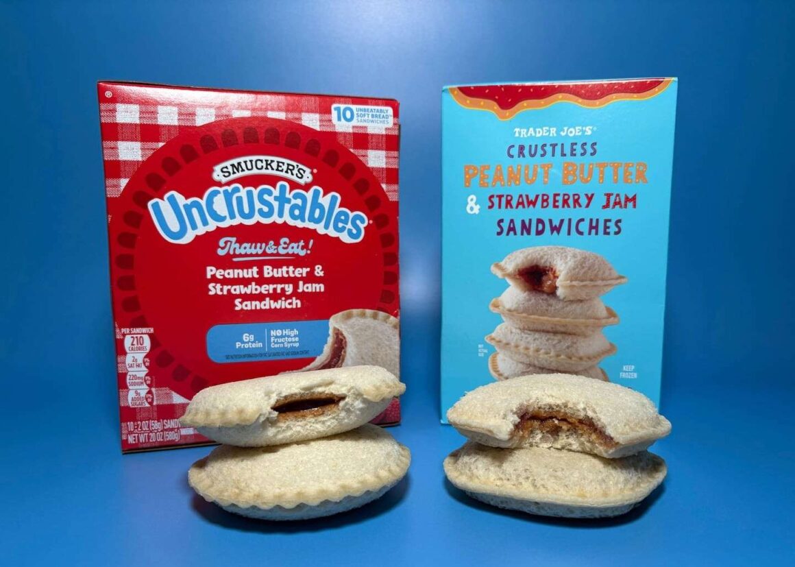 Smucker's Uncrustables frozen sandwiches on the left, Trader's Joe new crustless sandwiches on the right
