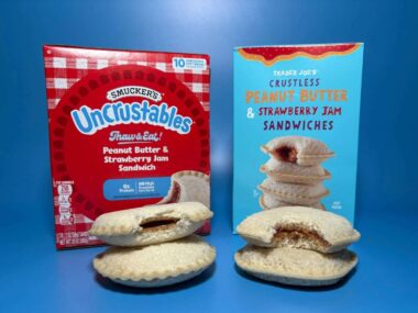 Smucker's Uncrustables frozen sandwiches on the left, Trader's Joe new crustless sandwiches on the right