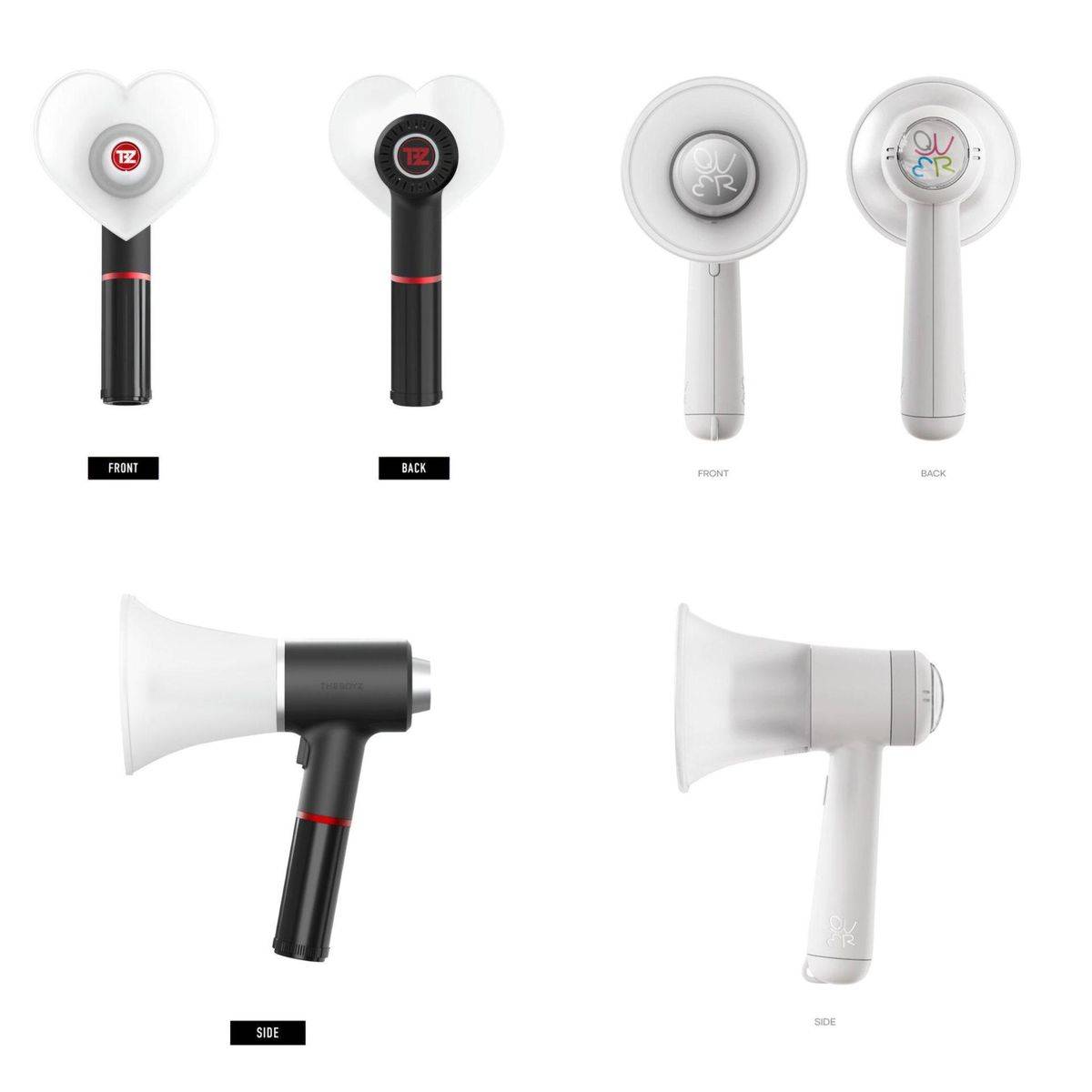 Side-by-side comparison of The Boyz' V1 lightstick (left) and QWER's (right) new lightstick.