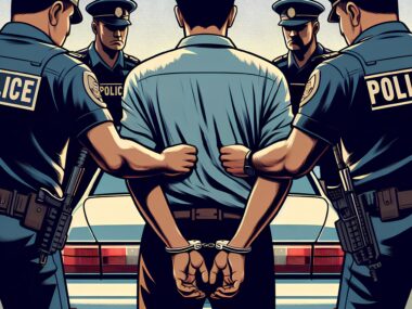 man in handcuffs surrounded by police