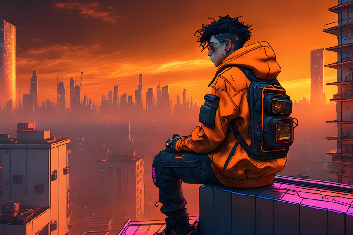 A cyberpunk themed person looking at the city.