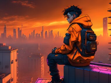 A cyberpunk themed person looking at the city.