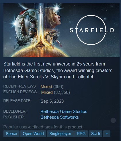 Starfield Steam review score and game description