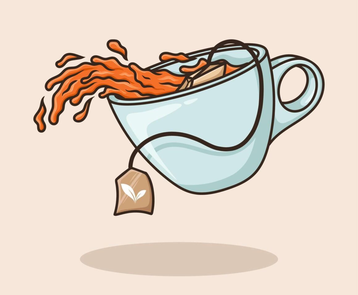 tea spilling out of a cup
