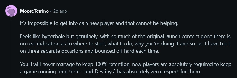 Player expressing frustration old content is gone