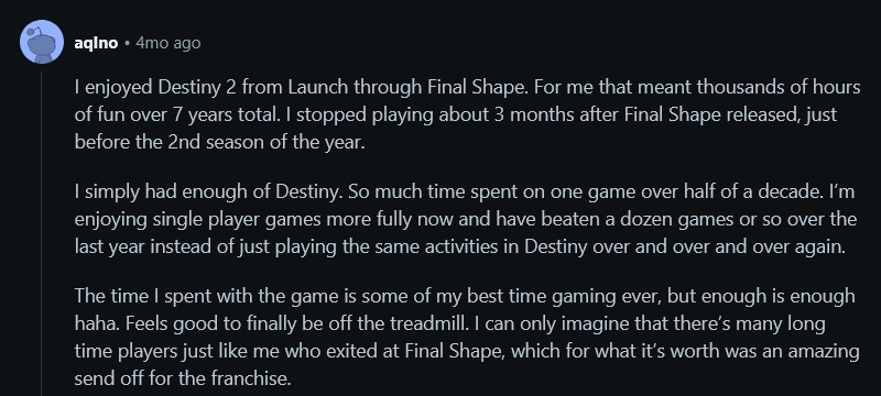 Player expressing frustration with Destiny 2