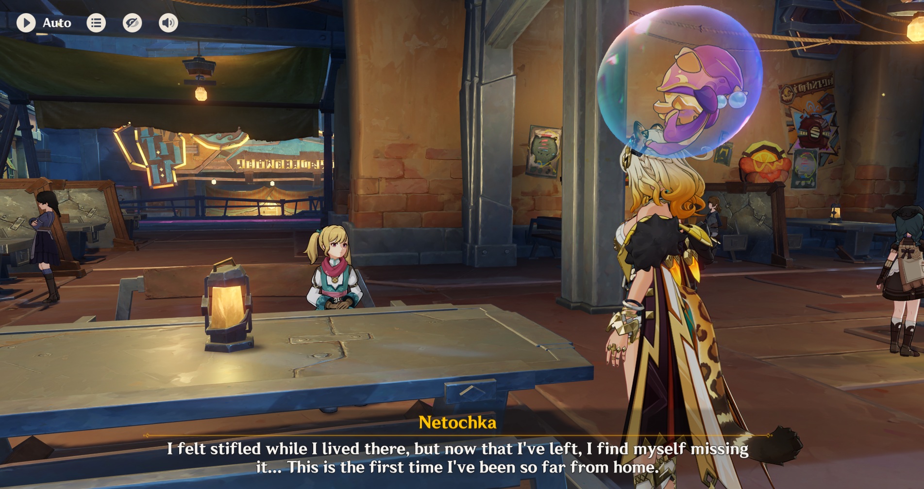 Netochka talking to Traveler in Nasha Town