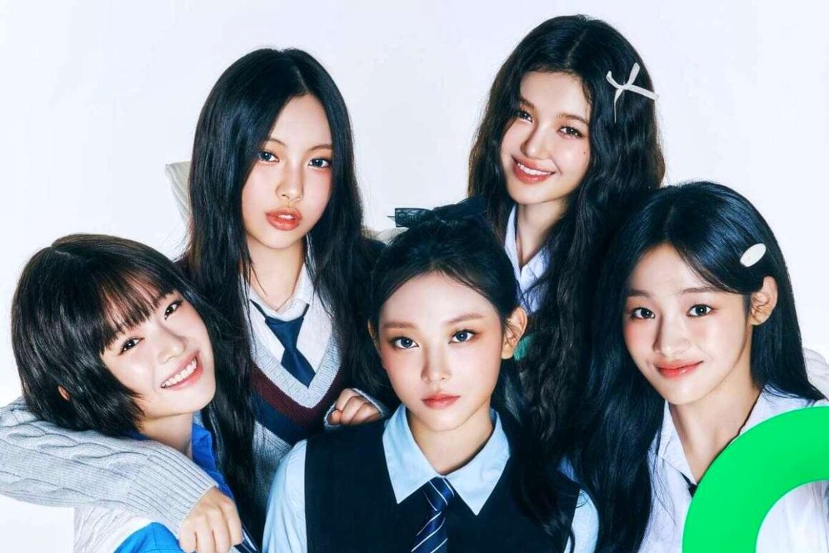 group photo of the original lineup for NewJeans