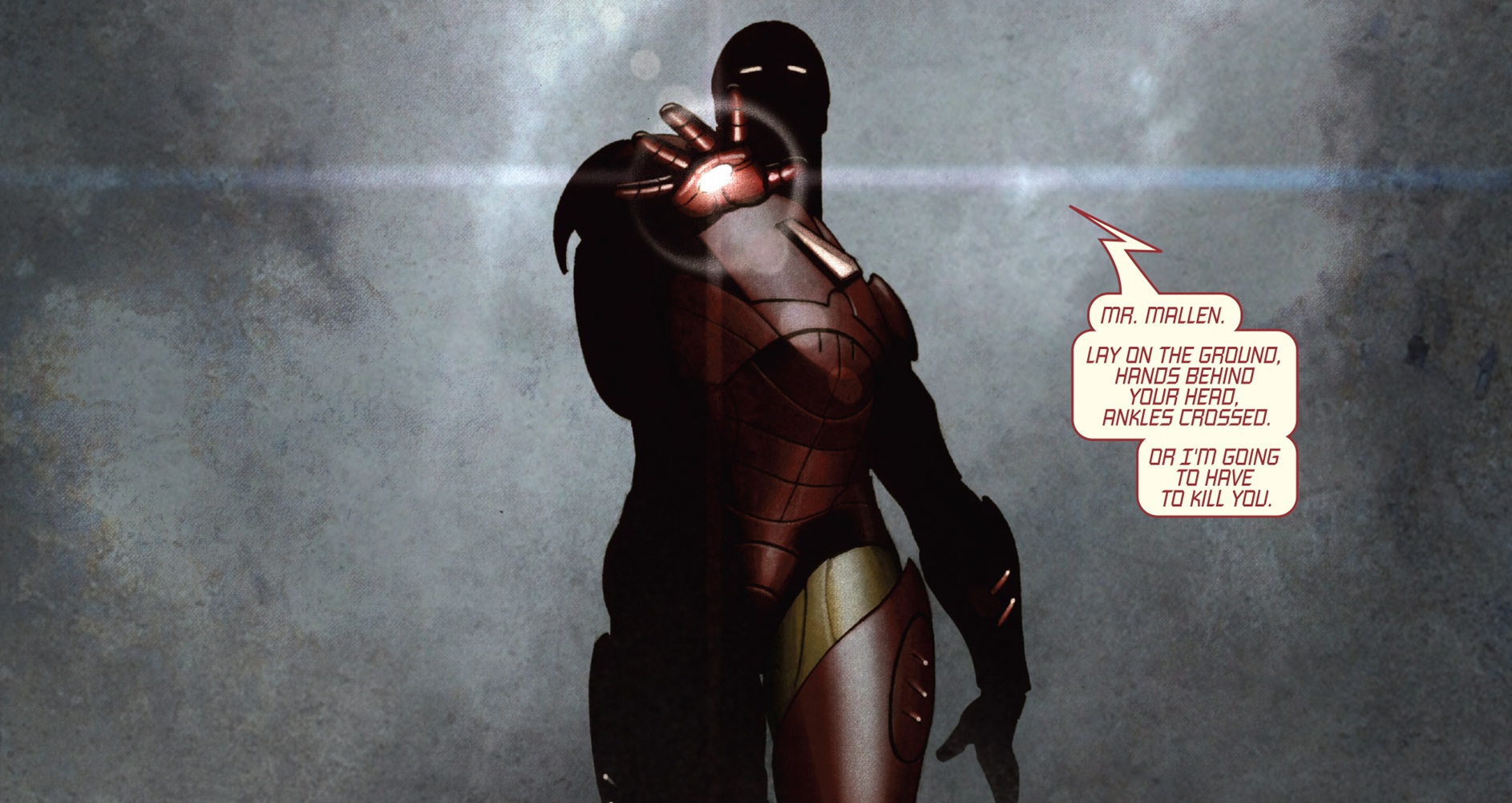Iron Man warning Mallen in Extremis