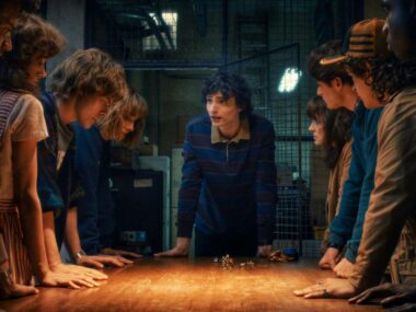 main cast in a meeting from Stranger Things 5