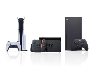 from left to right Playstation 5, Nintendo Switch 2 and Xbox Series X
