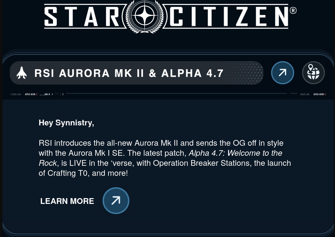 Newsletter announcing Aurora MK II.