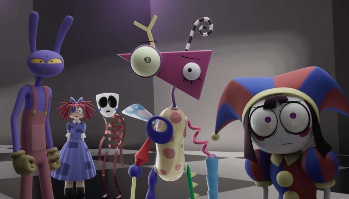 from left to right: Jax, Ragatha, Gangle, Zooble in the center and Pomni