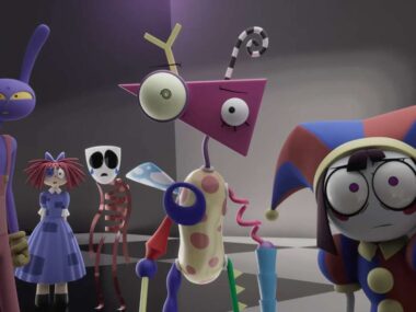 from left to right: Jax, Ragatha, Gangle, Zooble in the center and Pomni