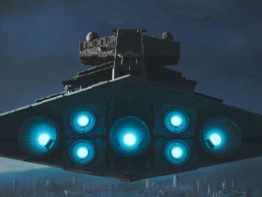 an Imperial Star Destroyer flying over Janix