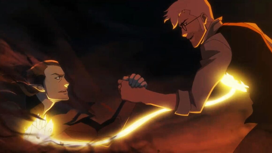 Vax saving Percy from Orthax in The Legend of Vox Machina