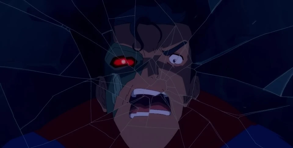 Hank's reflection in cracked glass on My Adventures with Superman 