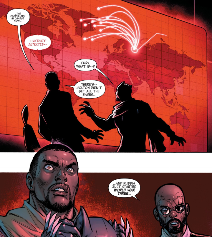 Black Panther and Nick Fury Jr. witness the start of World War III in Avengers: Armageddon #3