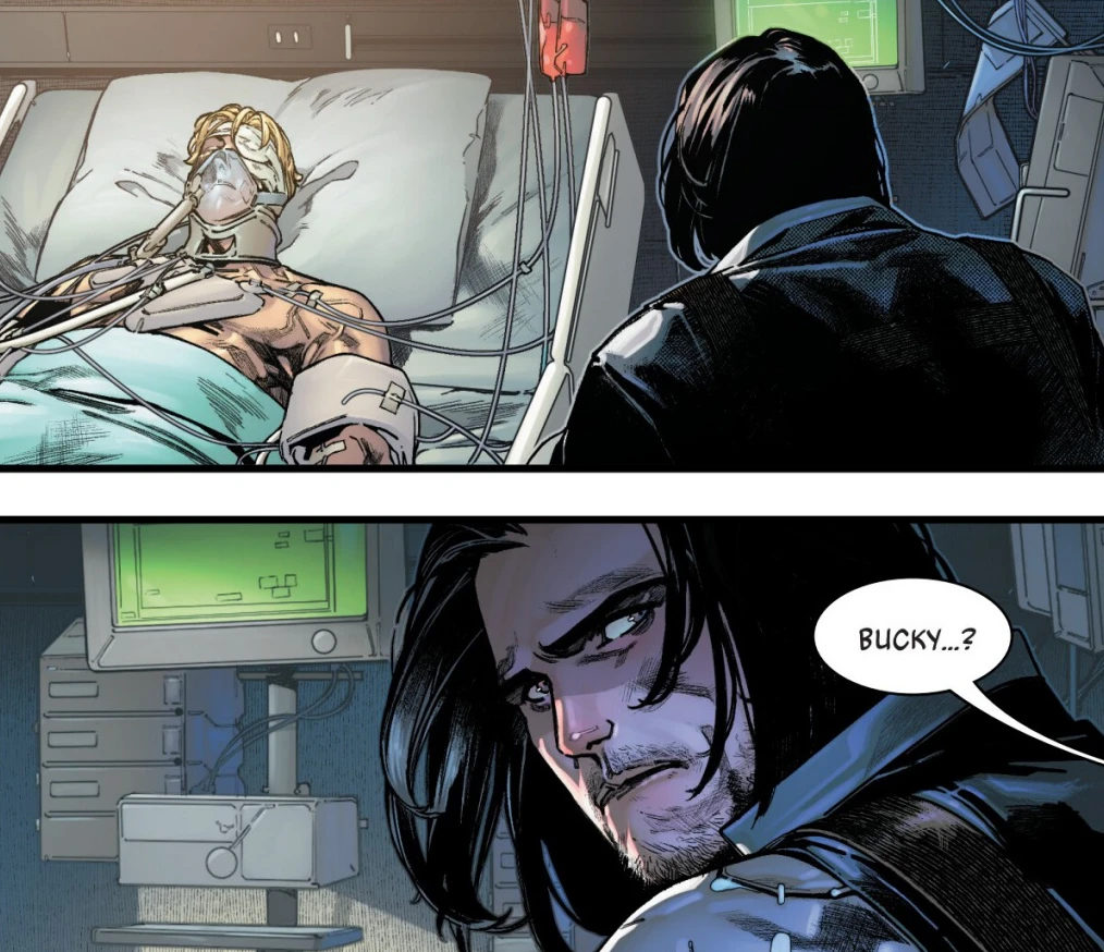Captain America in a coma, Bucky by his side from Avenger's Armageddon #1