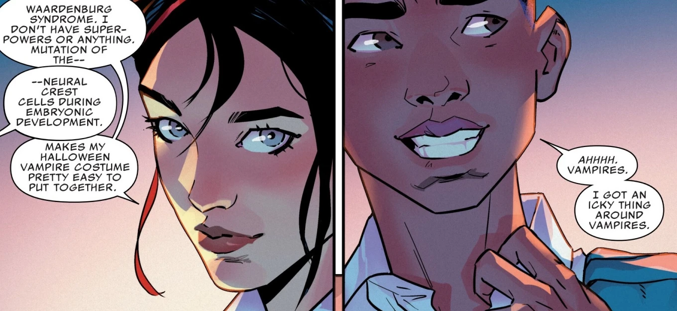 Valentina explains her eye color to Miles in Miles Morales #1