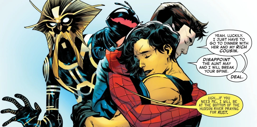 Raelith hugging Peter in Amazing Spider-Man #35