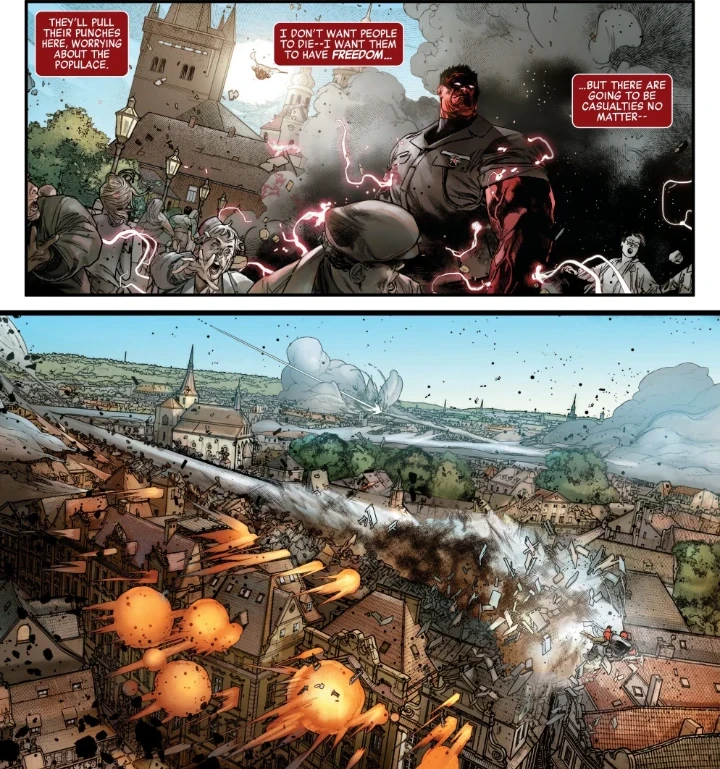 The Red Hulk and David Colton fighting in Kronlia in Avengers: Armageddon #2
