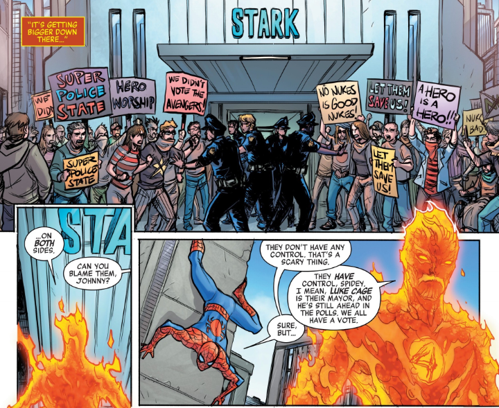 Spider-Man and Human Torch observe a group of protestors