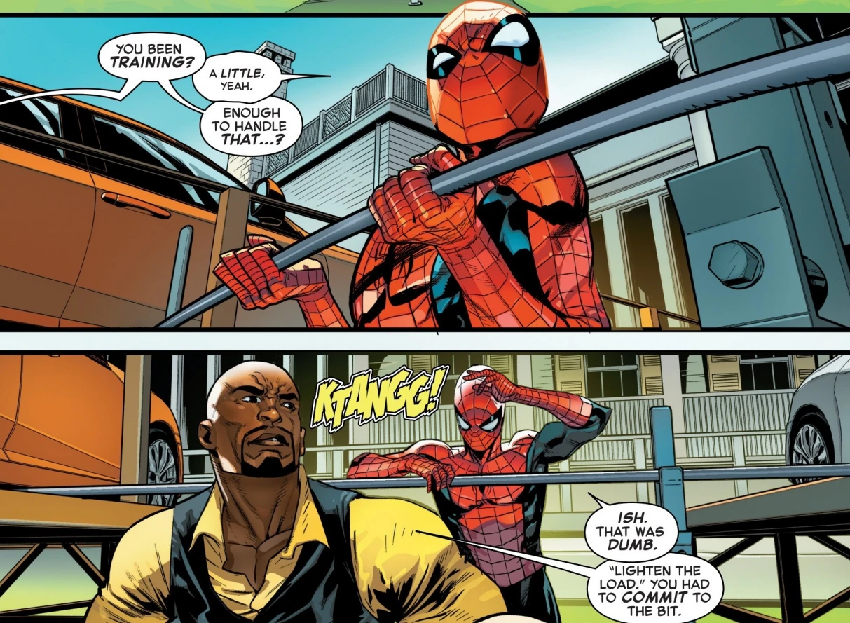 Spider-Man working out with Luke Cage in Amazing Spider-Man #35