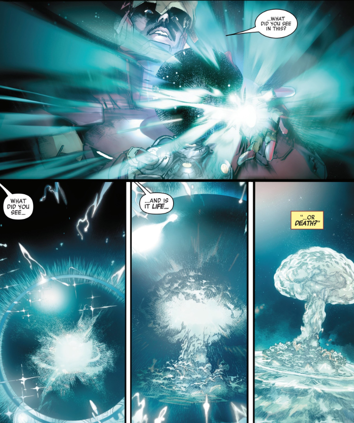 Stark activating the prognostication machine in Avengers: Armageddon #2