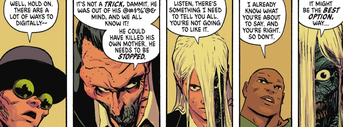 Bruce's friends talking about Batman's situation in Absolute Batman #24