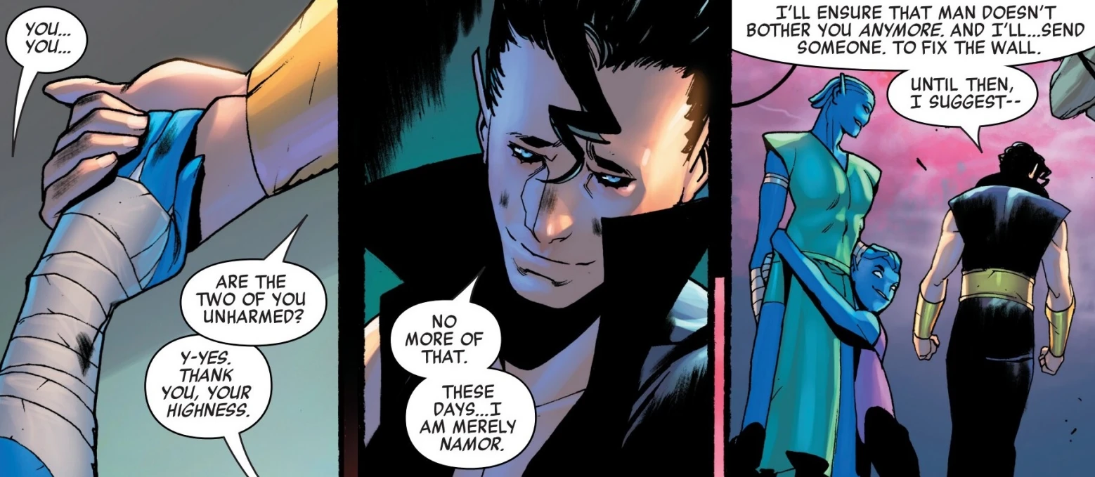 Namor helping a citizen from Black Panther & Namor: Doomed #1