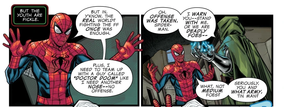 Spider-Man taunting Doom in Challenges of Doom: Spiderman