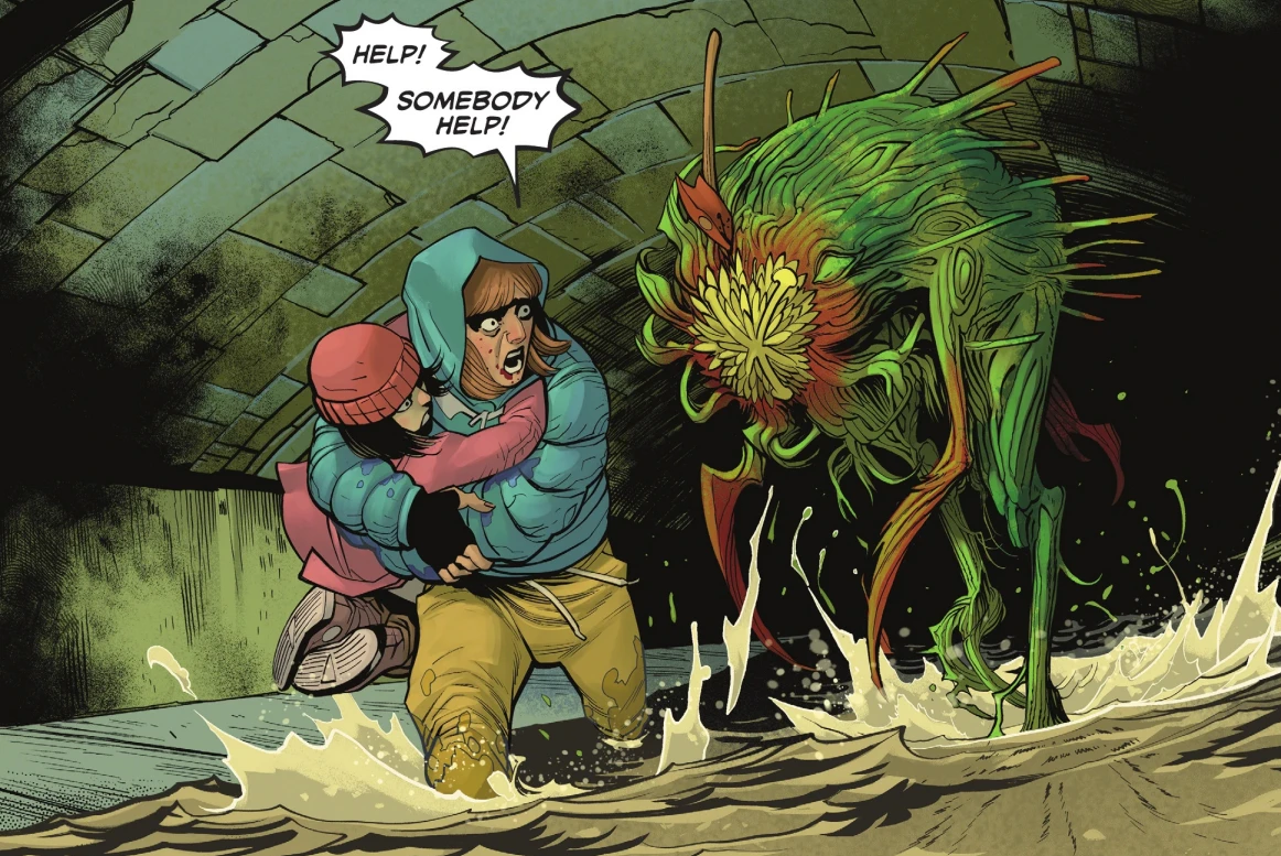 A plant chasing a woman in the sewers in Batman Bad Seeds #1