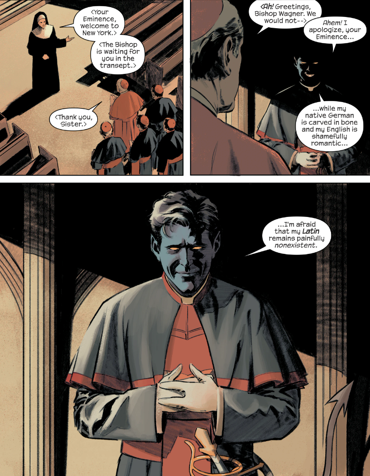 Cardinal Stryker meets with Bishop Kurt Wagner from Midnight X-Men #1