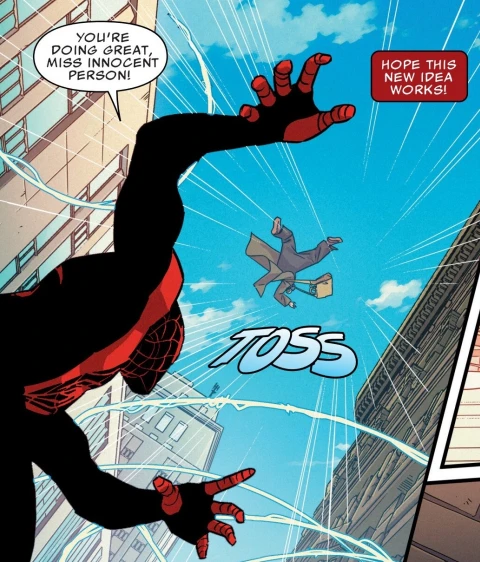 Miles saves lady by throwing her in the air in Miles Morales #1