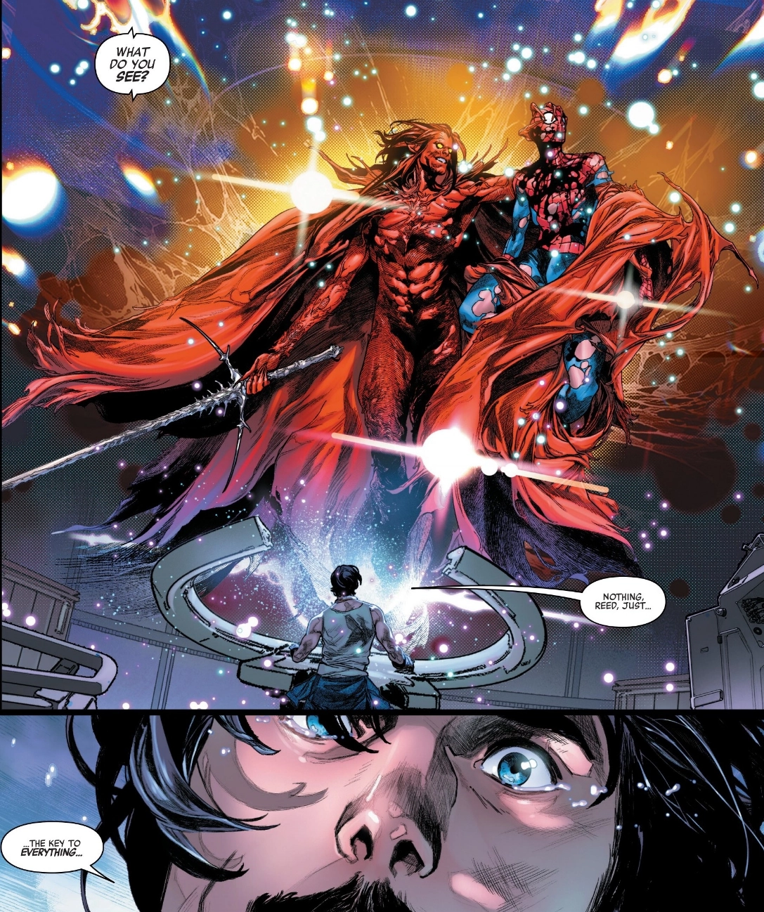 A demonic figure holds a beat up Spider-Man