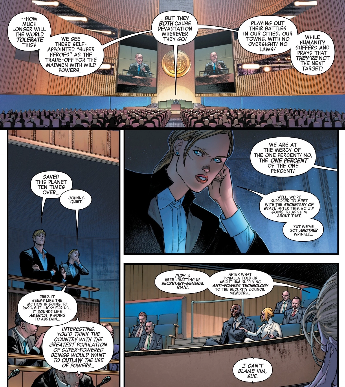 Sue Richards and her brother Johnny Storm watch the U.N. meeting